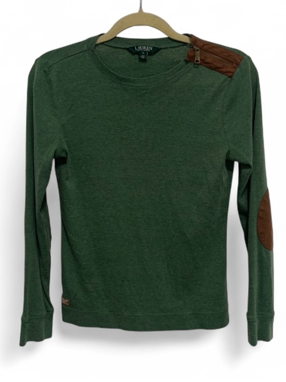 Lauren Ralph Lauren Green Crewneck Long Sleeve Shirt with Brown Elbow Patches